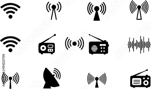 Wireless signal icons set includes wifi, antenna, radio, sound waves, perfect for tech design, communication network, audio visual vector illustration
