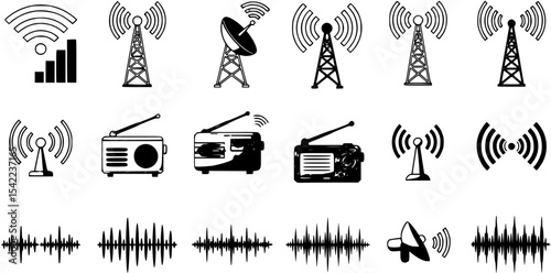 Wireless signal icons set includes wifi, antenna, radio, sound waves, perfect for tech design, communication network, audio visual vector illustration

