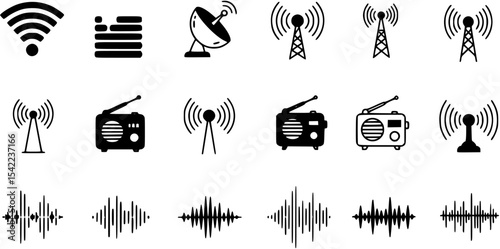 Wireless signal icons set includes wifi, antenna, radio, sound waves, perfect for tech design, communication network, audio visual vector illustration
