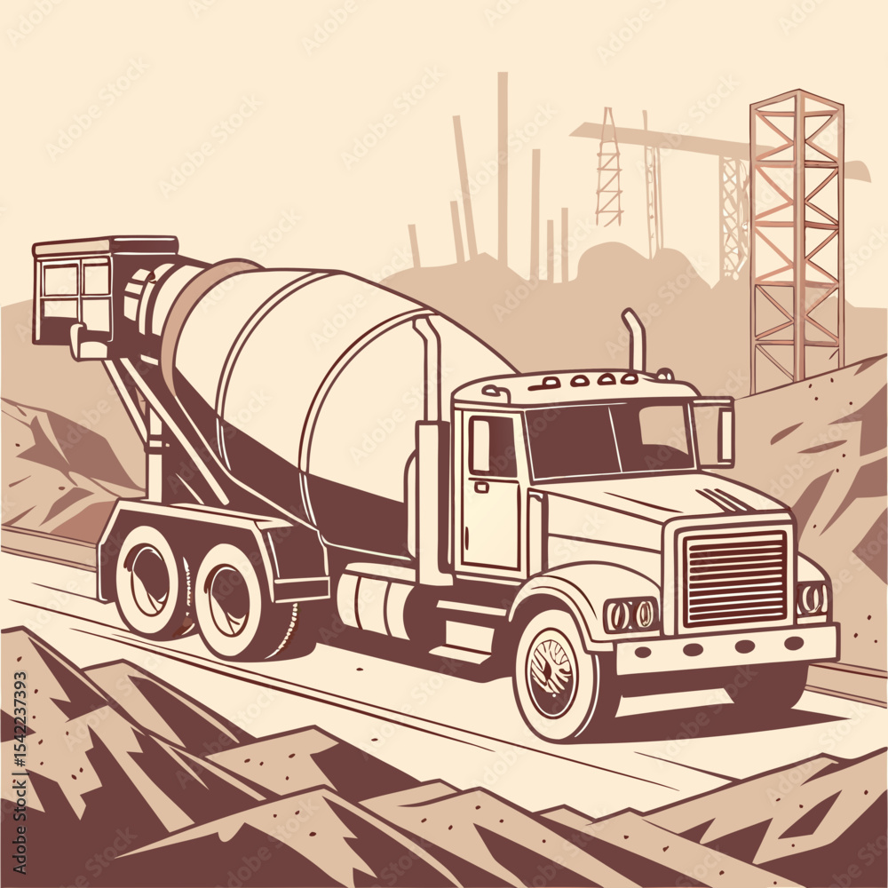 A large cement tanker truck parked on a construction site, covered in dust and grime