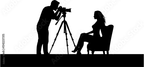 Male photographer with camera on tripod shooting sexy erotic woman model posing sitting on chair silhouette vector.
