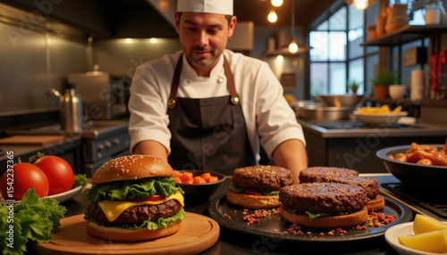 Chef grilling black bean burger in lively kitchen, culinary artistry