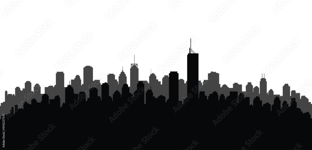 Fototapeta premium Flat Vector Minimal City Skyline in Black and Grey, Urban Silhouette of High Rise Buildings and Towers