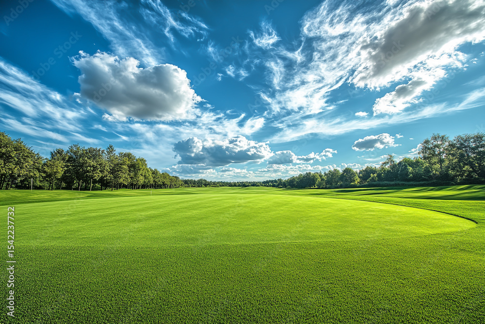 Expansive Golf Landscape Featuring Rich Grass, Clear Skies, and Cloudy Horizon – Photorealistic Style Expansive Golf Landscape Featuring Rich Grass, Clear Skies, and Cloudy Horizon – Photorealistic Style