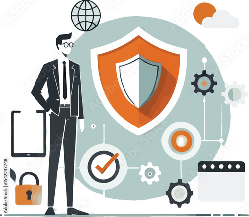 Business professional safeguarding data with digital shield and secure technology elements