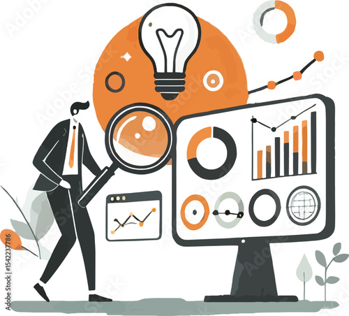 Business analyst examining data and analytics with a magnifying glass and light bulb idea