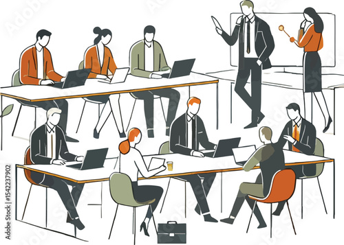 Business team presentation and meeting collaboration in office workspace with laptops