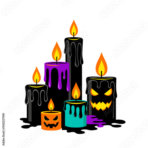 Halloween candles in various colors with dripping wax and spooky designs  