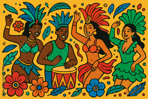 Brazilian carnival. Bright vector poster with happy dancing people