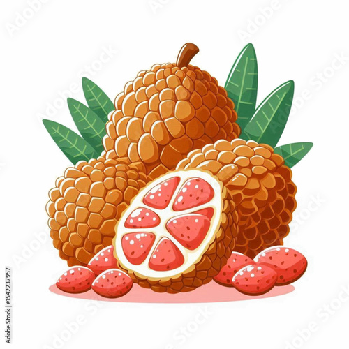 Lychee arrangement features whole and halved fruits with green leaves