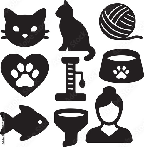 Cat care icon set. Containing cat owner, cat face, fish treat, and pet food bowl symbols. Pet care and feline-related icons. Solid silhouette collection.