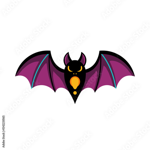 Cartoon bat flying with open wings in black and purple colors  