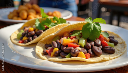 Colorful black bean tacos at vibrant street food stall, culinary delight