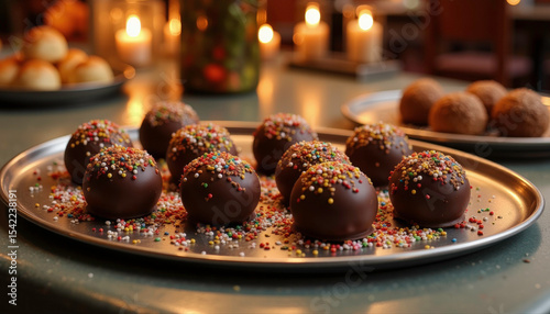 Festive brigadeiro chocolate truffles on a tray, celebration delight