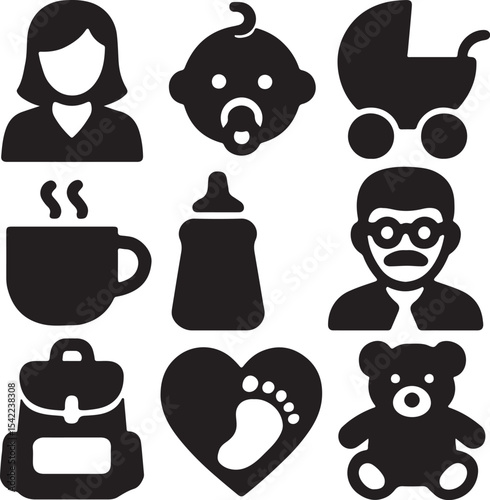 Parenting and baby care icon set. Containing parent holding child, baby bottle, heart with baby footprints, and bearded person symbol. Solid family and childcare silhouettes.
