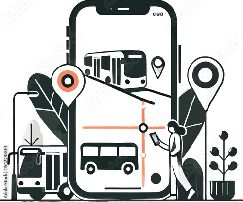 Illustration of a person using a smartphone for real time bus route tracking and navigation