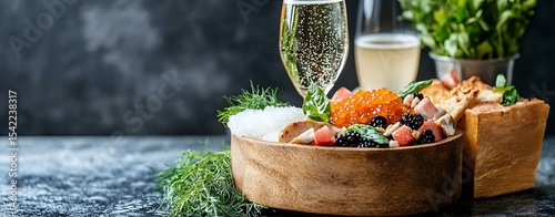 Luxury caviar and champagne setup with fresh herbs and artisan bread, highlighting luxury caviar and champagne experience with luxury caviar and champagne elegance for fine dining visuals.