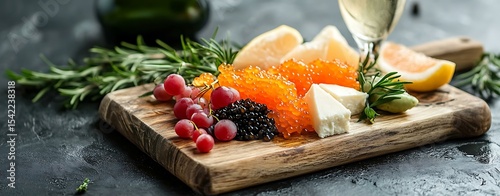Luxury caviar and champagne setup with fresh herbs and artisan bread, highlighting luxury caviar and champagne experience with luxury caviar and champagne elegance for fine dining visuals.