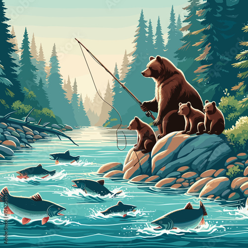 A bear family fishing on the riverbank with jumping fish in a scenic forest setting