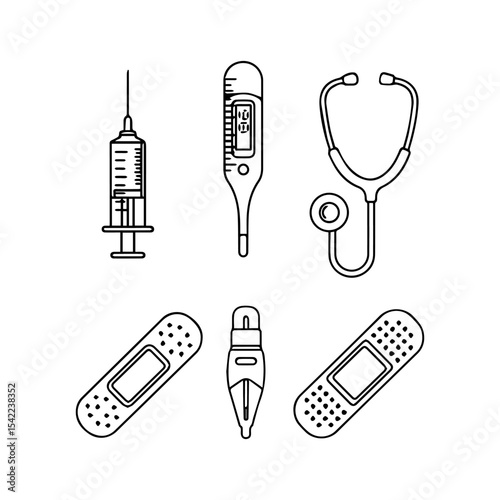 Medical illustration with a syringe stethoscope thermometer tongue depressor and bandaids