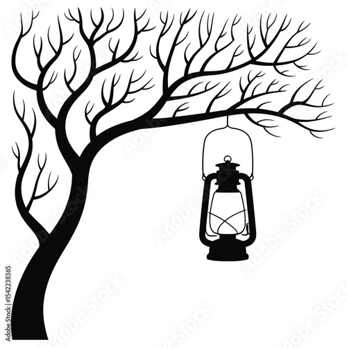 Simple tree silhouette without leaves and a lantern hanging from a branch

