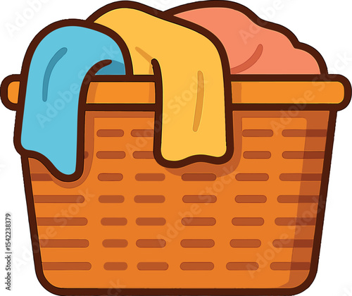 Colorful laundry basket filled with freshly washed clothes placed on a clean surface indoors