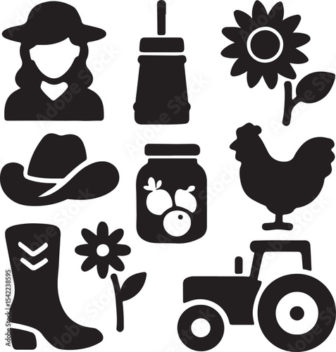 Farming and agriculture icon set. Containing cow, tractor, pitchfork, and corn symbols. Rural life and agricultural equipment silhouettes. Solid icon collection.