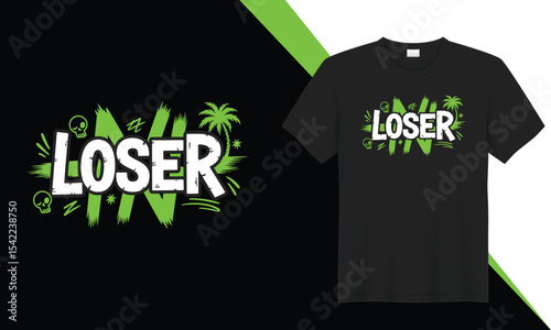 Urban streetwear t-shirt design with bold LOSER text, neon green accents and edgy graphics