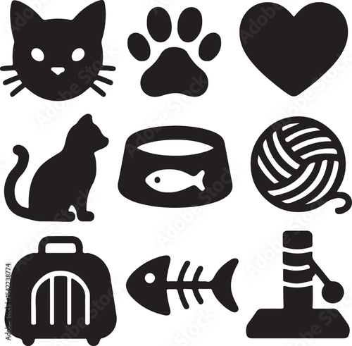 Cat care icon set. Containing cat owner, cat face, fish treat, and pet food bowl symbols. Pet care and feline-related icons. Solid silhouette collection.