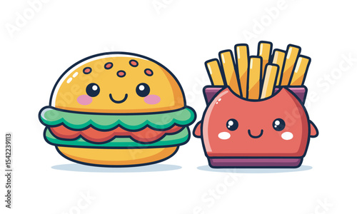 A smiling hamburger and winking fries vector art illustration