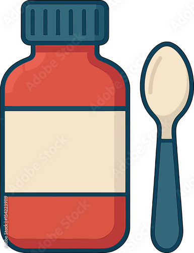 Bright red bottle of medicine next to a spoon on a plain background ready for use