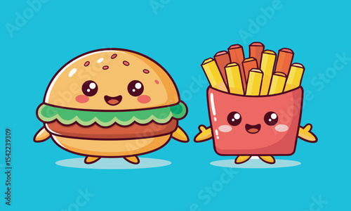 A smiling hamburger and winking fries vector art illustration