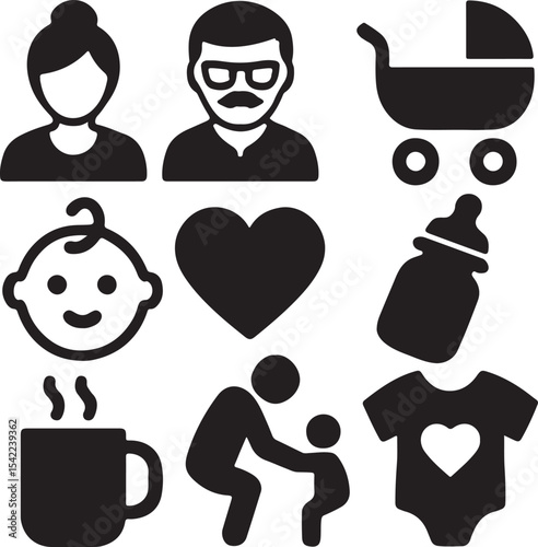 Parenting and baby care icon set. Containing parent holding child, baby bottle, heart with baby footprints, and bearded person symbol. Solid family and childcare silhouettes.