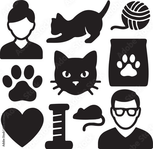 Cat care icon set. Containing cat owner, cat face, fish treat, and pet food bowl symbols. Pet care and feline-related icons. Solid silhouette collection.