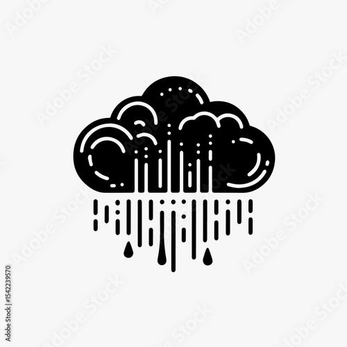 Stylized black and white illustration of a rain cloud, depicted with intricate linework and dotted details.