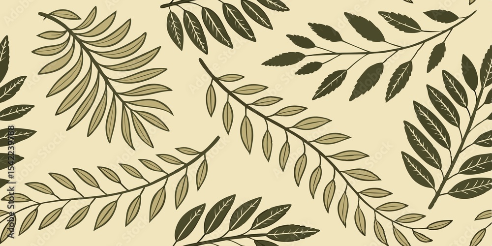 Fototapeta premium Stylized leafy branches in green and olive form a symmetrical pattern on a beige background, creating a natural and organic design aesthetic.