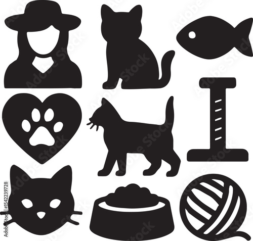 Cat care icon set. Containing cat owner, cat face, fish treat, and pet food bowl symbols. Pet care and feline-related icons. Solid silhouette collection.
