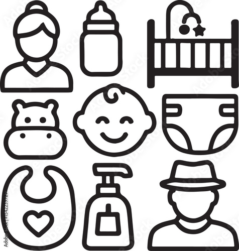 Parenting and baby care icon set. Containing parent holding child, baby bottle, heart with baby footprints, and bearded person symbol. Solid family and childcare silhouettes.