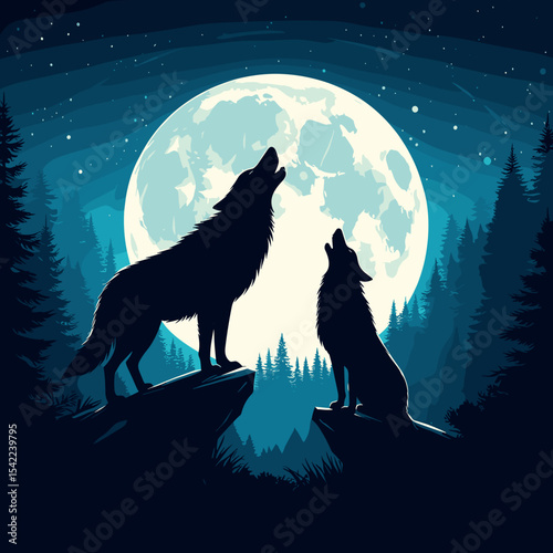 Two wolves howling under a full moon in a dark forest with copy space
