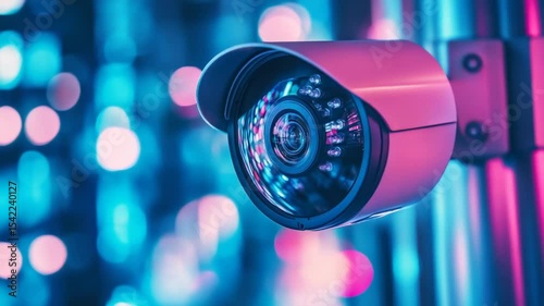 Security camera monitoring vibrant city lights at night