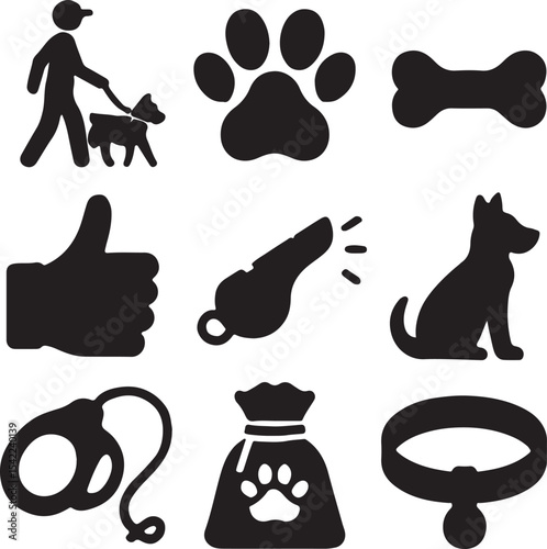 Dog care icon set. Containing dog walking, bone, paw print, and pet collar symbols. Pet ownership and dog-related icons. Solid silhouette collection.