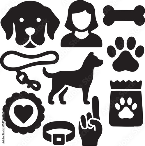 Dog care icon set. Containing dog walking, bone, paw print, and pet collar symbols. Pet ownership and dog-related icons. Solid silhouette collection.