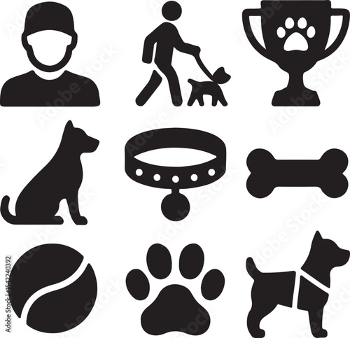 Dog care icon set. Containing dog walking, bone, paw print, and pet collar symbols. Pet ownership and dog-related icons. Solid silhouette collection.