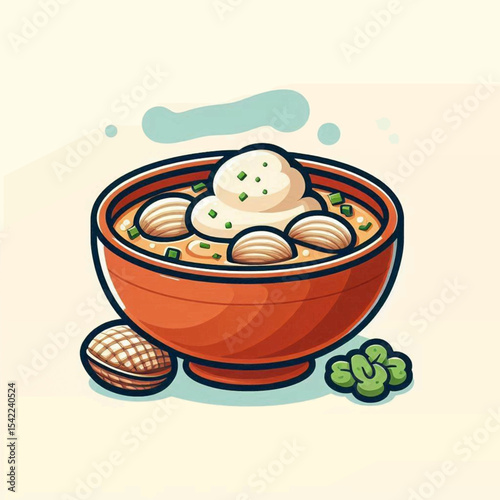 Orange bowl filled with clam chowder topped with whipped cream and scallions clams and greens beside it