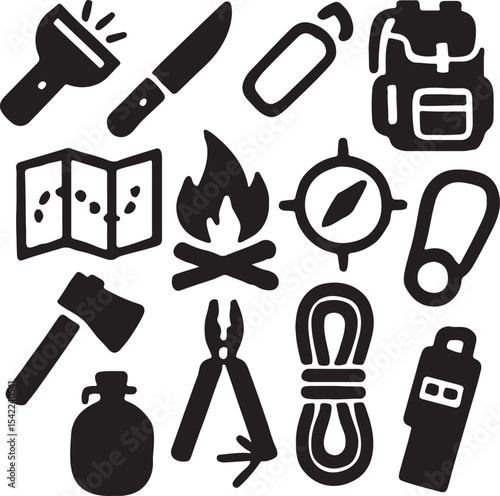 Survival and camping gear icon set. Containing flashlight, knife, fire extinguisher, backpack, map, compass, and walkie-talkie symbols. Wilderness tools and outdoor essentials. Solid silhouette collec