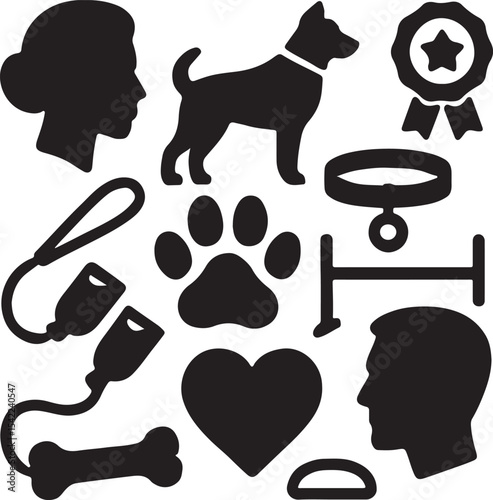 Dog care icon set. Containing dog walking, bone, paw print, and pet collar symbols. Pet ownership and dog-related icons. Solid silhouette collection.