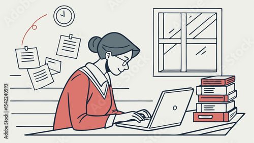 Illustration of a woman working on a laptop with books clock and notes in a room with a window shown