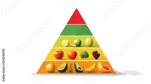 Food pyramid illustration made of colorful fruits and vegetables on white background Nutrition and diets