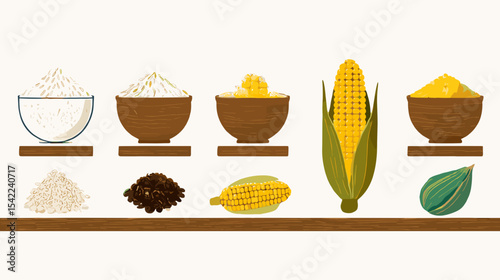 Variety of corn products and grains displayed on wooden surface Nutrition and diets