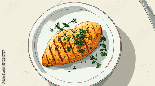 Grilled salmon steak served with herbs on ceramic plate over beige background Nutrition and diets